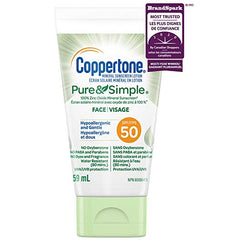 Coppertone  Mineral Sunscreen lotion pure and Simple Face Spf 50, 100 percent Zinc oxide mineral Face Sunscreen, Hypoallergenic Face Lotion for Sun Protection, 59 ml.