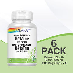 SOLARAY – Betaine HCI with Pepsin, 650mg | High Potency with Pepsin | Digestive Health | Dietary Supplement | Non-GMO, Vegan, Lab Verified | 100 Vegetarian Capsules | 6 - Pack