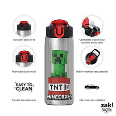 Zak Designs - MICI-V151 Zak Designs 27oz Minecraft 18/8 Stainless Steel Water Bottle with Flip-up Straw Spout and Locking Spout Cover, Durable Cup for Sports or Travel (27oz, Minecraft Creeper)