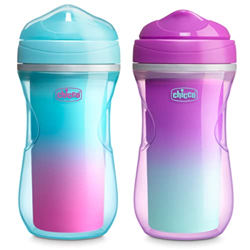Chicco 9oz. Double-Wall Insulated Sippy Cup with Bite-Proof Rim Spout and Spill-Free Lid | Top-Rack Dishwasher Safe | Easy to Hold Ergonomic Indents | Pink/Teal/Purple Ombre, 2pk| 12+ Months