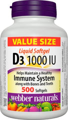 Webber Naturals Vitamin D3 1,000 IU, 500 Softgels, For Healthy Bones, Teeth, and the Maintenance of Good Health, Gluten and Diary Free, Non-GMO