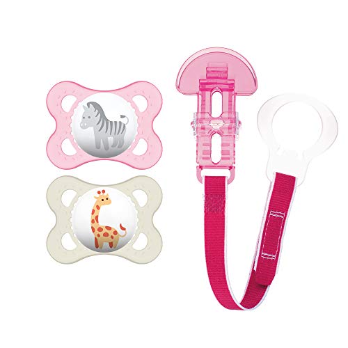 MAM Animal Design Collection Pacifier for Babies (Pack of 2 Pacifiers, 1 Clip), MAM Soother with a Soft Silicone Nipple, Baby Essentials, Girl, 0-6 Months, Designs May Vary