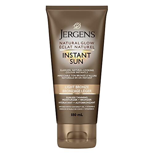 Jergens Natural Glow Instant Sun Sunless Tanning Moisturizer + Bronzer, Light Bronze (180 mL) (Packaging May Vary)