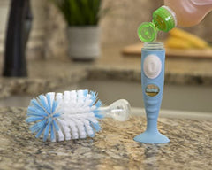 Nuby Easy Clean Dispensing Soft and Durable Bristle Bottle Brush with Textured Handles and Suction Base, 2 in 1 System, Blue