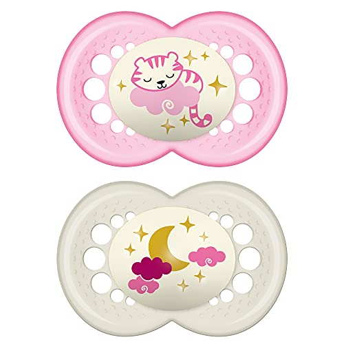 MAM Night Pacifiers (2 Pack, 1 Sterilizing Pacifier Case), MAM Pacifiers 6+ Months, Best Pacifier for Breastfed Babies, Glow in the Dark Pacifier, Baby Girl Pacifiers