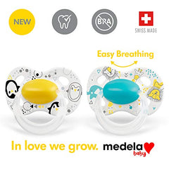 Medela Baby Pacifier | 6-18 Months | BPA-Free, Lightweight & Orthodontic, Baby Pacifiers | 2-Pack | Turquoise Blue and Yellow with Baby Animals