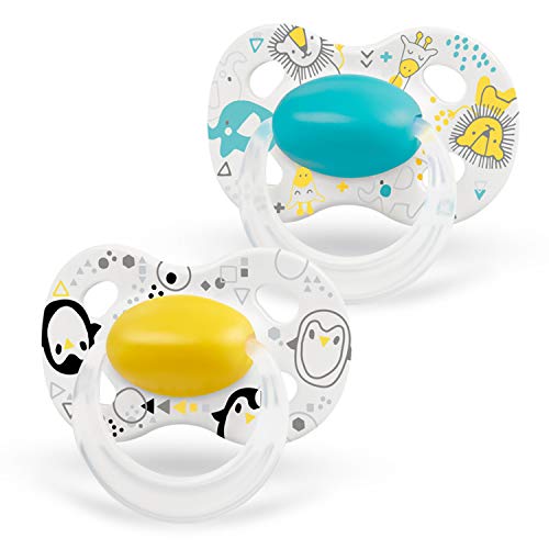 Medela Baby Pacifier | 6-18 Months | BPA-Free, Lightweight & Orthodontic, Baby Pacifiers | 2-Pack | Turquoise Blue and Yellow with Baby Animals