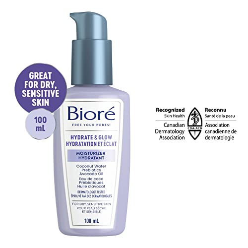 Bioré Hydrate & Glow Moisturizer, Face Cream for Dry, Sensitive Skin, infused with Prebiotics, Avocado Oil and Coconut Water |Dermatologist Tested, Cruelty Free and Fragrance Free (100mL)