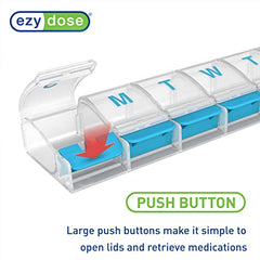 EZY DOSE Weekly (7-day) Push Button Pill Organizer and Planner, Arthritis Friendly, X-Large, Clear Lids, Blue