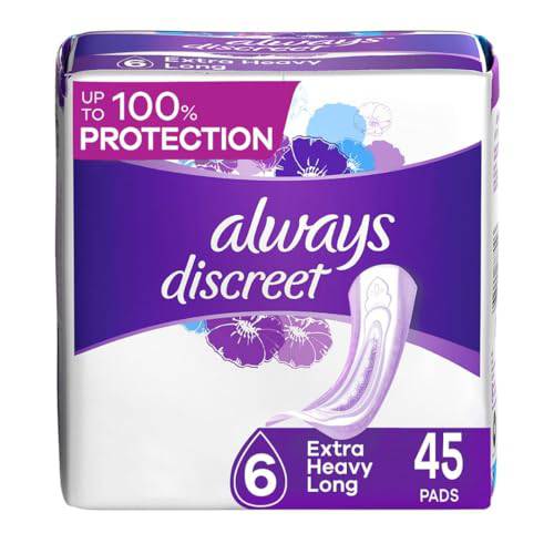 Always Discreet, Incontinence & Postpartum Pads For Women, Size 6 Drops, Extra Heavy Long Absorbency, 45 Count