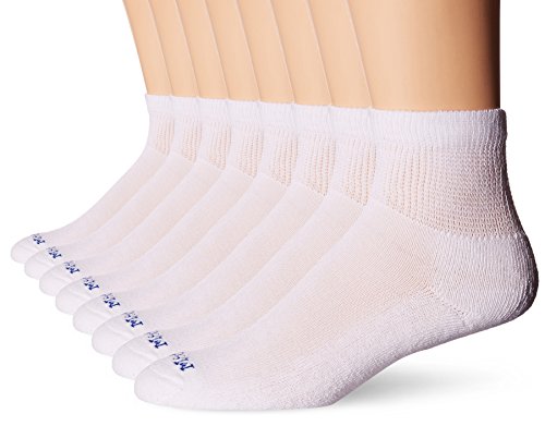 MediPEDS Men's 8 Pack Diabetic Quarter Socks with Non-Binding Top, White, Shoe Size: 6-9