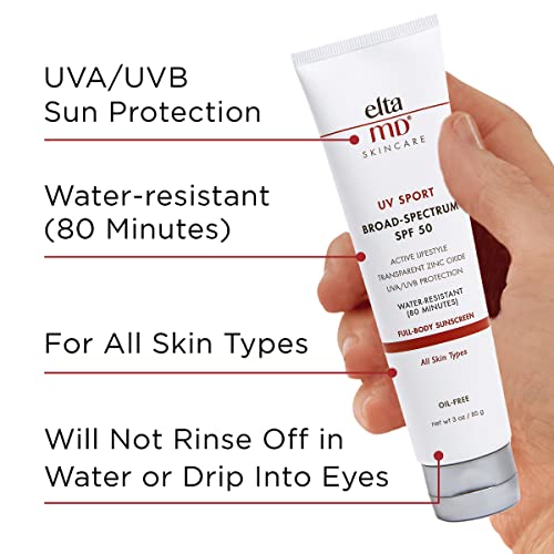 EltaMD UV Sport Broad Spectrum SPF 50 Sunscreen Sport Lotion, Body Sunscreen With UVA and UVB Protection, Water Resistant Up To 80 Minutes, Non-Greasy, Oil Free Formula With Zinc Oxide, 3 Oz Tube