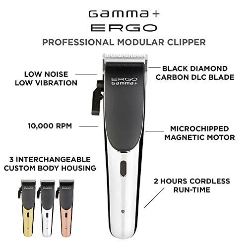 GAMMA+ Ergo Professional Microchipped Magnetic Motor Clipper with 3 Customizable Lids (Chrome, Rose Gold, Gold)