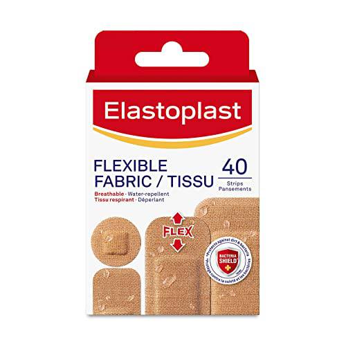 Elastoplast Flexible Fabric Bandages, 40 Strips, Assorted Sizes, beige | Extra Flexible | Adapts to all your movements | Strong Adhesion | Breathable Material | Water-repellent | Bacteria Shield | Latex Free