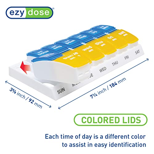 EZY DOSE Weekly (7-Day) AM/PM Pill Organizer, Vitamin and Medicine Box, Large Pop-out Compartments, 2 Times a Day, Blue and Yellow Lids