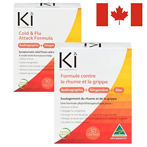 Ki Cold & Flu Attack Formula, 30 Count, Andrographis, Ginger and Zinc, Congestion, Sore Throat, Headache, Vegan Flu Relief