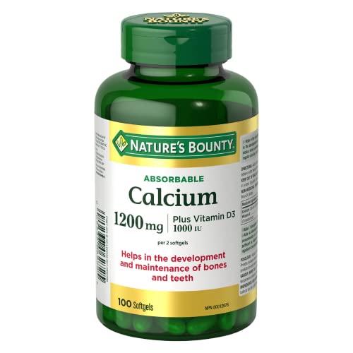 Nature's Bounty Calcium Pills plus Vitamin D3 1200mg Supplement, Helps maintain bones, 100 Softgels