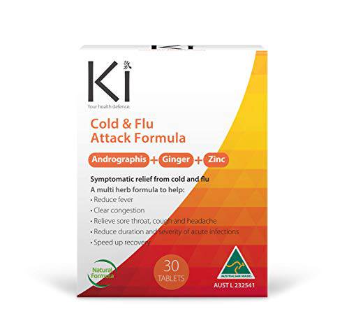 Ki Cold & Flu Attack Formula, 30 Count, Andrographis, Ginger and Zinc, Congestion, Sore Throat, Headache, Vegan Flu Relief