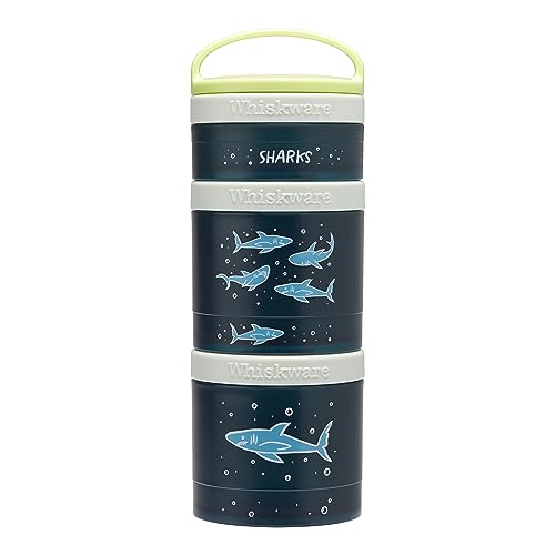 Whiskware Sharks Stackable Snack Containers for Kids and Toddlers, 3 Stackable Snack Cups for School or Travel. Green/Grey/Blue