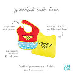 Bumkins DC Comics Wonder Woman SuperBib, Baby Bib, With Cape, Waterproof, Washable, Stain and Odor Resistant, 6-24 Months