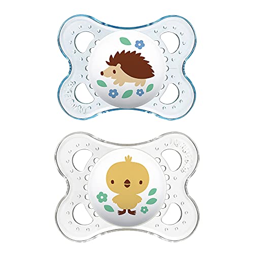 MAM Clear Design Collection Pacifier for Babies (Pack of 2 Pacifiers, 1 Sterilizing Case), MAM Soother with a Soft Silicone Nipple, Boy Baby Essentials, 0-6 Months, Designs May Vary