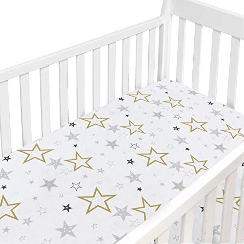 Kushies Baby 100% Breathable Cotton Percale Baby Crib Sheet, Fully Elasticized - Made in Canada 28" x 52" Multi Golden Star