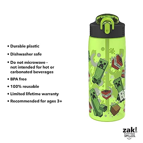 Zak Designs Minecraft Water Bottle For School or Travel, 25 oz Durable Plastic Water Bottle With Straw, Handle, and Leak-Proof, Pop-Up Spout Cover (Creeper)