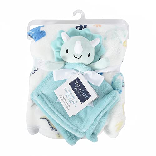 Baby’s First by Nemcor 2 Piece Baby Blanket and Buddy Set, 30x40" Security Blanket and Plush Teething for New Born and Infant, Blue Dino