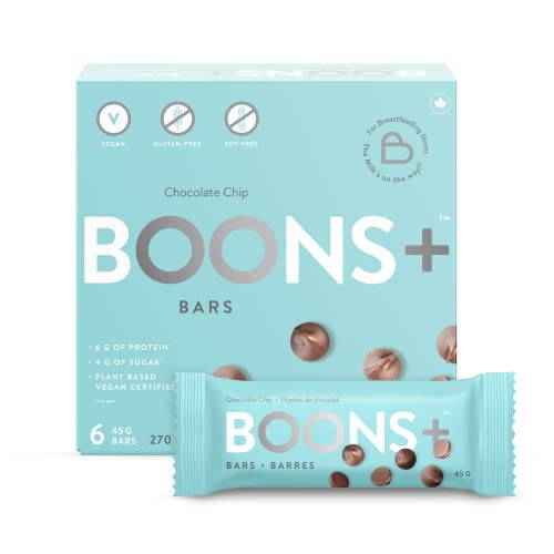 Booby Boons+ Protein Chocolate Chip Bars; (6x45g). Award Winning, Wheat-Free, Soy-Free Breastfeeding Support. Made with Love in Canada