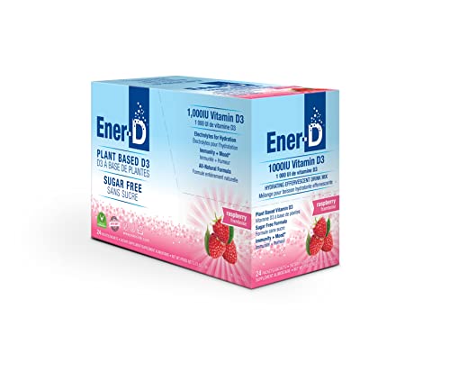 Ener-D Sugar Free Raspberry Multivitamin Drink Mix, 1000 IU Vitamin D, Zinc, Non-GMO, Vegan, Real Fruit Juice Powders, Natural Immunity Support, Electrolytes, Gluten Free, 1-Pack of 24