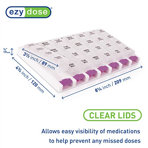EZY DOSE Weekly (7 Day) 4 Times a Day Push Button Pill Organizer and Vitamin Planner, Removable Daily Pillboxes, Purple, Clear Lids, Large