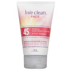 Live Clean Face Mineral Sunscreen LotionSPF 45, White, Unscented, 113ml