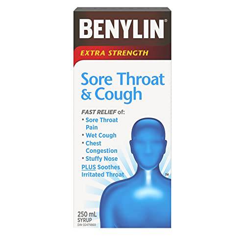 BENYLIN Extra Strength Sore Throat and Cough Syrup, Relieves Sore Throat and Wet Cough, 250 mL