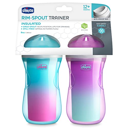 Chicco 9oz. Double-Wall Insulated Sippy Cup with Bite-Proof Rim Spout and Spill-Free Lid | Top-Rack Dishwasher Safe | Easy to Hold Ergonomic Indents | Pink/Teal/Purple Ombre, 2pk| 12+ Months