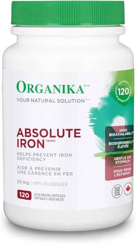 Organika Absolute Iron- Iron Bisglycinate- High Availability, Gentle on Stomach, Boost Iron Levels- Beneficial for Women and Vegetarians- 120vcaps