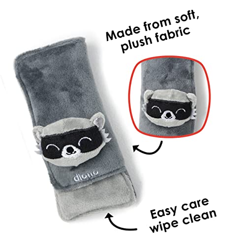 Diono Baby Racoon Character Car Seat Straps & Toy, Shoulder Pads for Baby, Infant, Toddler, 2 Pack Soft Seat Belt Cushion and Stroller Harness Covers Helps Prevent Strap Irritation
