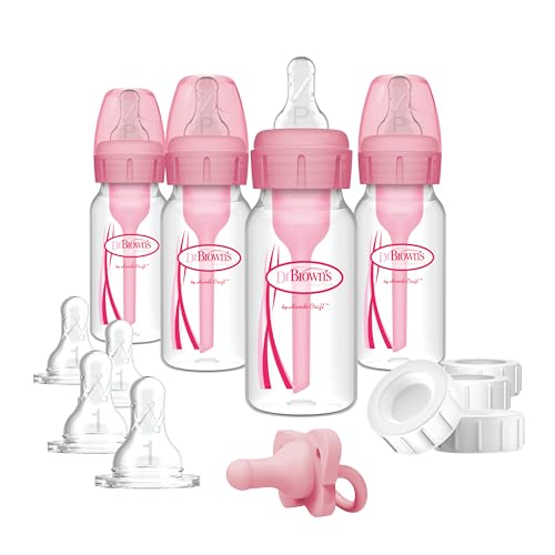 Dr. Brown's Options+ Slow Flow Preemie and Newborn Anti-Colic Bottle Set with 4oz Bottles and HappyPaci - Pink