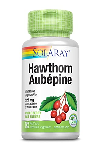 Solaray Hawthorn Berry, 1050mg | Cardiovascular Function & Healthy Circulation Support Crataegus Oxyacantha, Whole Berry Diet Supplement Non-GMO, 180 VegCaps (525mg Per Capsule), Natural Color