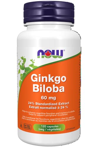 NOW Supplements Ginkgo Biloba Extract 60mg Vegetable Capsules, 120 Count