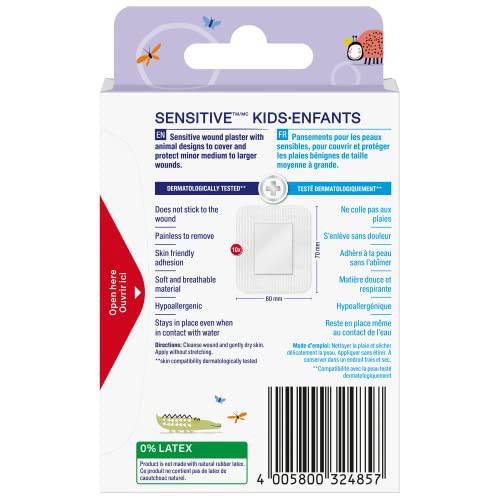 Elastoplast Sensitive Kids XL Bandages | 10 Strips | Extra Skin-friendly | Larger Pad for Better Coverage | Soft & Breathable Material | Hypoallergenic | Painless to Remove | Bacteria Shield | Latex Free