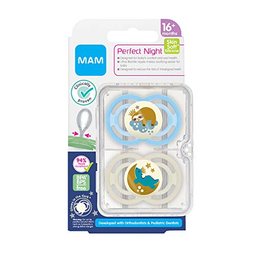 MAM Perfect Night Pacifiers, Glow in the Dark Pacifiers (2 Pack), Pacifiers 16 Plus Months, Best Pacifier for Breastfed Babies, Baby Boy Pacifier (C3972-024-4-1)