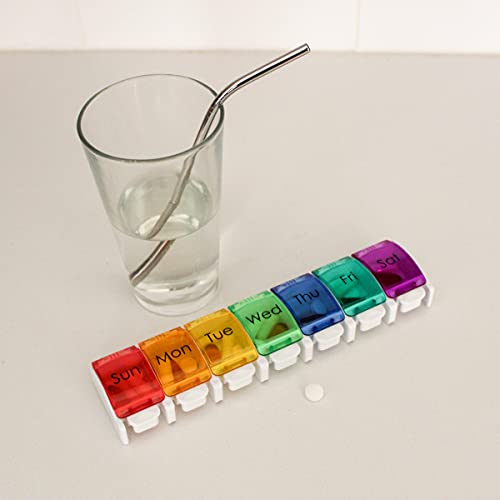 EZY DOSE Weekly (7-Day) Pill Organizer, Vitamin and Medicine Box, Large Push-Button Compartments, Rainbow Lids
