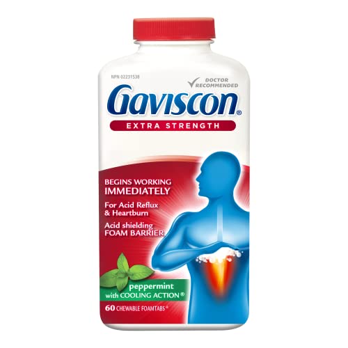 Gaviscon Extra Strength Tablets - 60 Count - Chewable Foaming Antacid Tablets for Day and Night Heartburn Relief, Acid Reflux and GERD Relief, Cooling & Refreshing Peppermint - Free of Aluminum, Lactose and Gluten