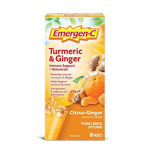 Emergen-C Immune Support Fizzy Drink Mix, A Boost of Vitamins and Minerals, Turmeric & Ginger, 18 Sachets