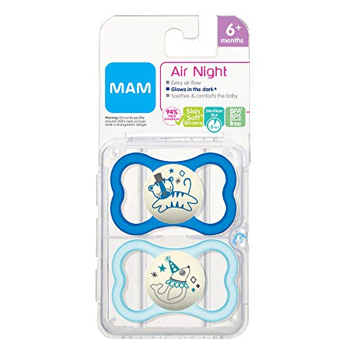 MAM Air Night Pacifiers (2 pack, 1 Sterilizing Pacifier Case), MAM Sensitive Skin Pacifier 6+ Months, Glow in the Dark Pacifier, Best Pacifier for Breastfed Babies, Baby Boy Pacifiers Blue