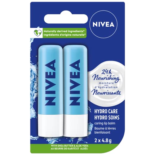 NIVEA Hydro Care Lip Balm, (2 X 4.8g) | Made with Aloe Vera & Shea Butter, 24H Hydration, Transparent