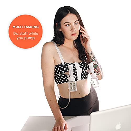 Hands Free Pumping Bra | Snugabell PumpEase adjustable and comfortable pumping bra made with spandex technical fabric, supports two breast pumping bottles & flanges | Black & White Polka Dots Size S