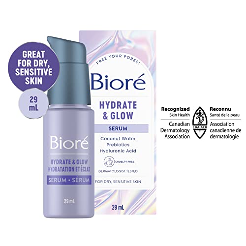 Biore Hydrate & Glow Serum, Face Serum for Dry, Sensitive Skin, infused with Prebiotics, Hyaluronic Acid and Coconut Water |Dermatologist Tested, Cruelty Free and Fragrance Free (29mL), White