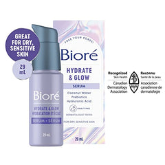 Biore Hydrate & Glow Serum, Face Serum for Dry, Sensitive Skin, infused with Prebiotics, Hyaluronic Acid and Coconut Water |Dermatologist Tested, Cruelty Free and Fragrance Free (29mL), White