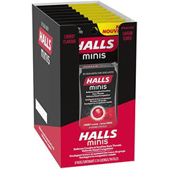 Halls Minis No Sugar Added Cherry Cough Drops, 24 lozenges per pack, 8 packs per tray